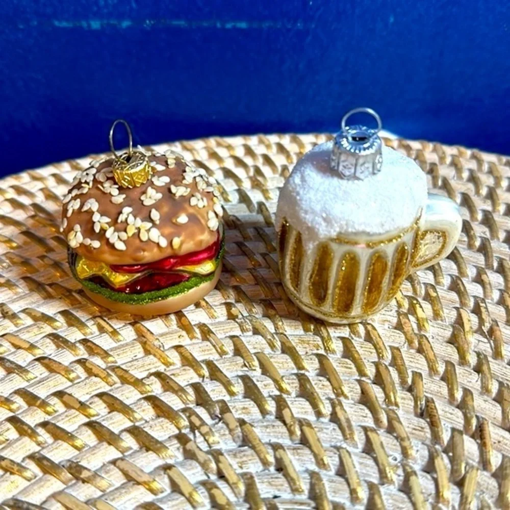 Vintage Handblown & Hand painted Beer & Cheeseburger Christmas Ornaments